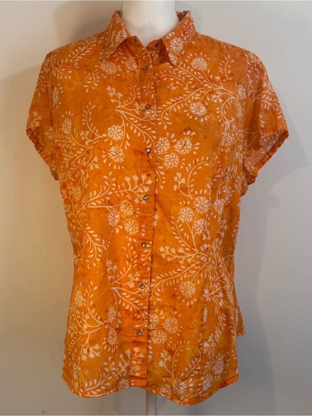Columbia Women’s 1X Orange Floral Button Front Short Sleeve Shirt Plus Size
